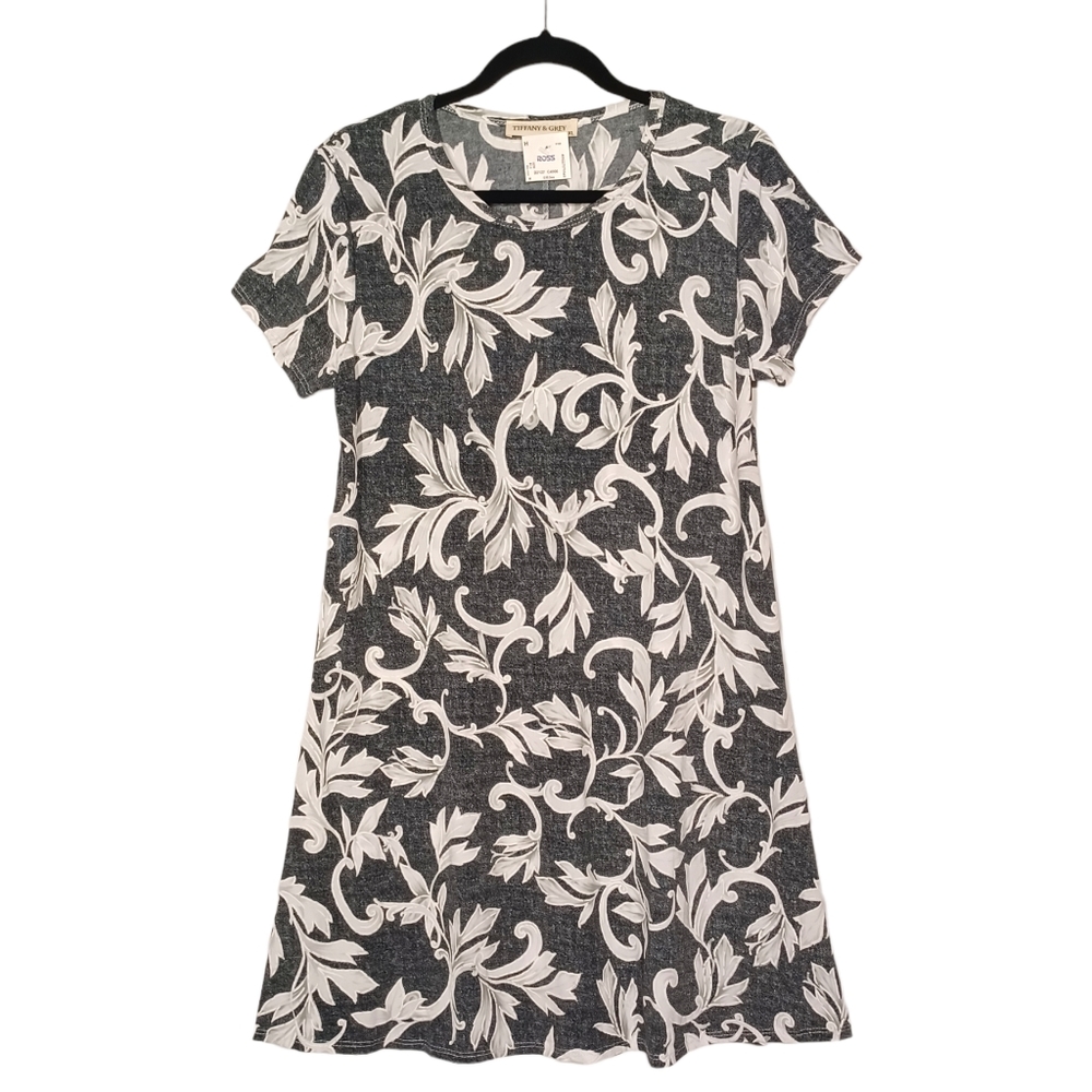 TIFFANY & GREY Gray White Floral Brocade Print Short Sleeve Swing Dress XL NWT
